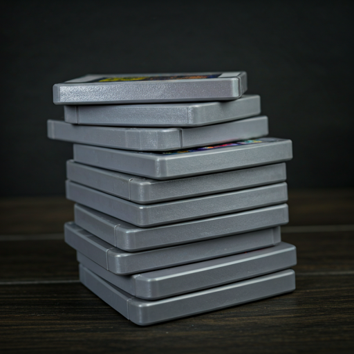 A stack of original cartridges arranged on a dark surface